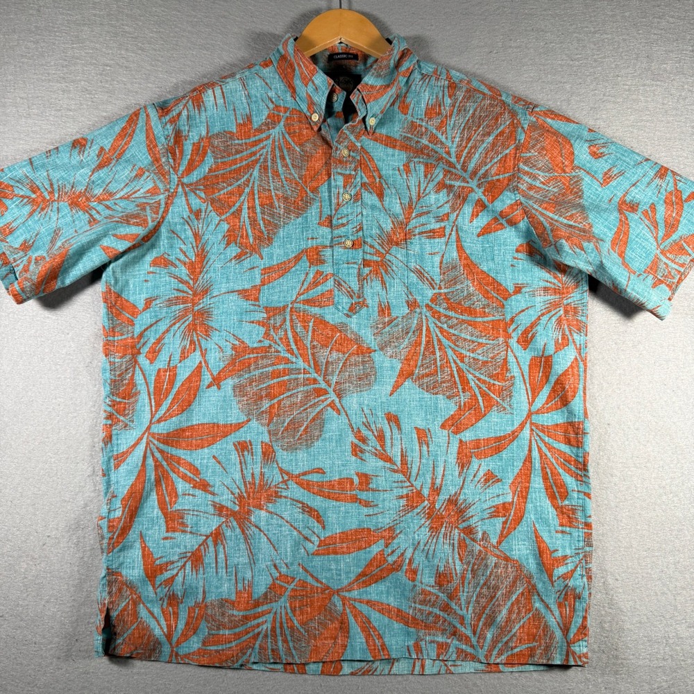 Reyn Spooner Mens Large Teal Orange Tropical Leaf Hawaiian Pullover Shirt L